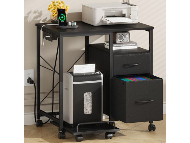 Printer Stand with Power Outlet/Drawers, Printer and Shredder Stand 25.6'x17.7'Top,Storage Filing Cabinet,Fabric Drawers,Rolling Table Cart with...