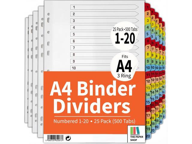 Binder Dividers with Tabs 1-20 Numbered - A4 (25 Pack) Dividers for 3 Ring Binder Numbered Tab Dividers for Office, School & Home Organization