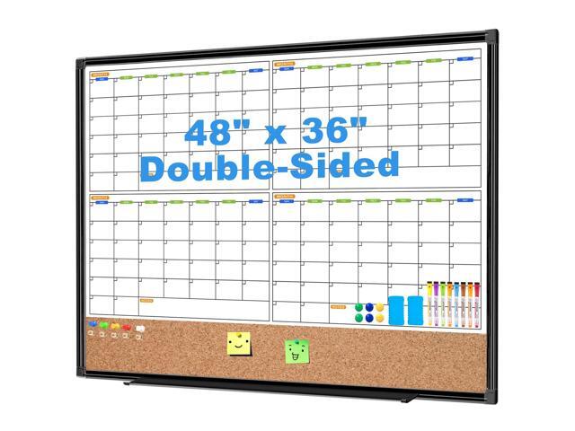 4 Month Calendar Dry Erase Board and Corkboard Combo for Wall, 48' x 36' Double-Sided Large Dry Erase Calendar and Bulletin Board Wall Mounted for...