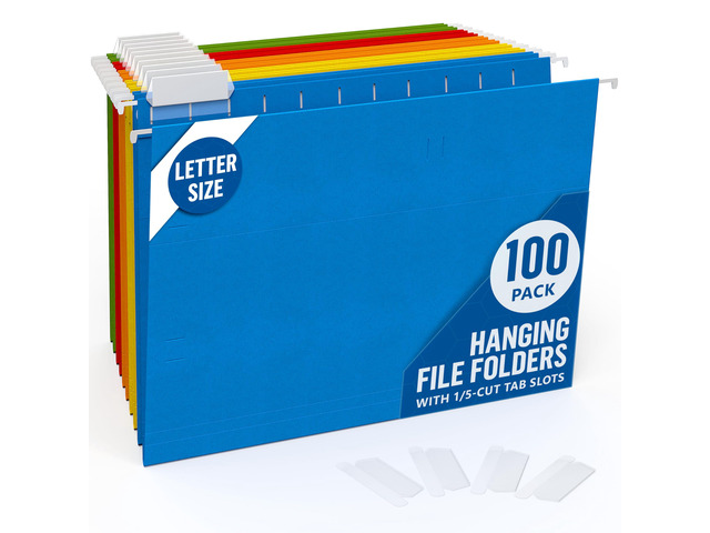 100 Pack Hanging File Folders Letter Size - File Folders Hanging with Tabs - File Cabinet Folders - Letter Size Hanging File Folder - Hanging...