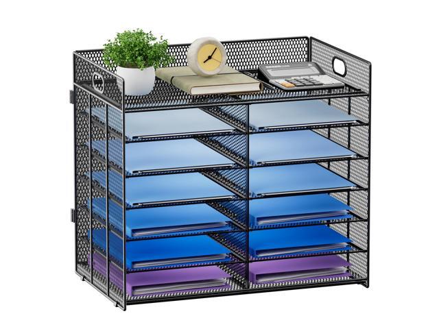 7 Tier Paper Organizer for Desk, Mesh Literature Organizer, Mail File Sorter Tray with Handle, Desktop Mailbox for Office Classroom Home, Black