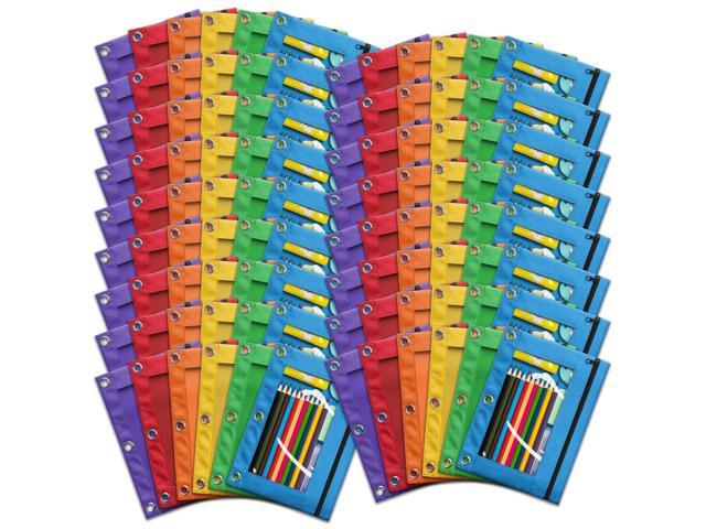 Pencil Pouch for 3 Ring Binder, Bulk 102 Pack 3-Holes Zipper Pencil Pouches in Assorted Colors, Sturdy and Durable Cloth Pencil Holder with Clear...