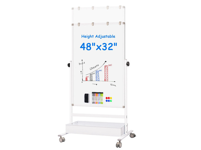 Mobile White Board Easel, 48x32 Inches Magnetic Storage Dry Erase Board Easel for Classroom, Rolling Height Adjustable Stand on Wheels for Home,...