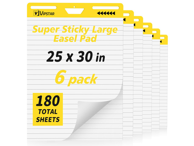 6-Pack Sticky Easel Pad with Lines, 25 x 30 Inches, 30 Sheets/Pad, Self-Stick Flip Chart Paper, Ruled Anchor Chart, Bleed-Through Resistant, for...