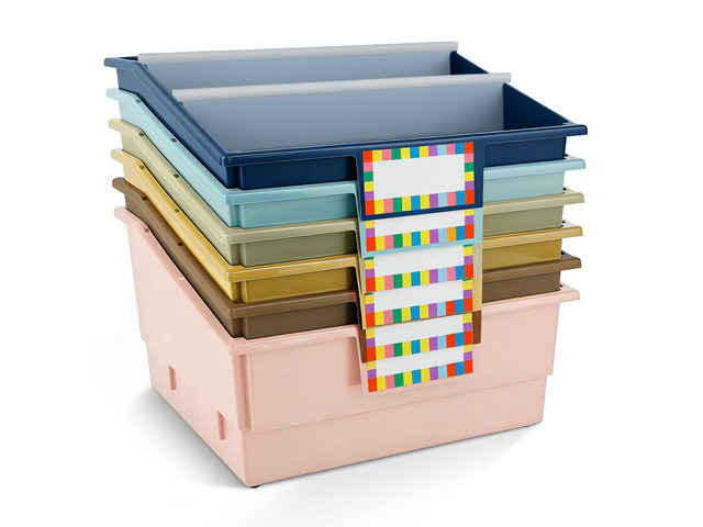 6 Pack Extra Large Picture Book Bin with Dividers 13.5 x 13.5 x 7.75 in Plastic Classroom Book Bin Holder Storage Organizer with Labels for School...