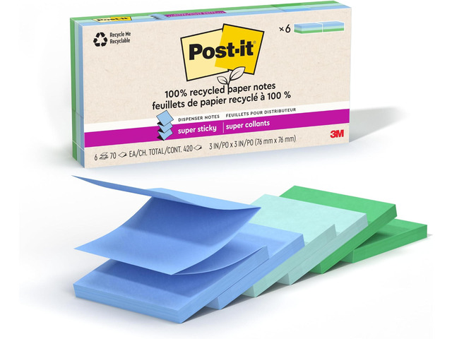 100% Recycled Paper Super Sticky Pop-up Notes, 2X The Sticking Power, 3x3 in, 6 Pads, 70 Sheets/Pad, Oasis Collection (R330R-6SST) (Pack of 12)