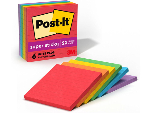 Super Sticky Notes, 4x4 in, 6 Pads, 2X The Sticking Power, Playful Primaries Collection, Primary Colors (Red, Yellow, Green, Blue, Purple),...