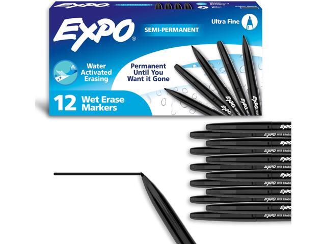 Wet Erase Markers, Semi-Permanent, Black, Ultra Fine Tip,For Writing on Glass, Whiteboards, Mirrors, Calendar, Labeling, Organizing 12 Count (Pack.