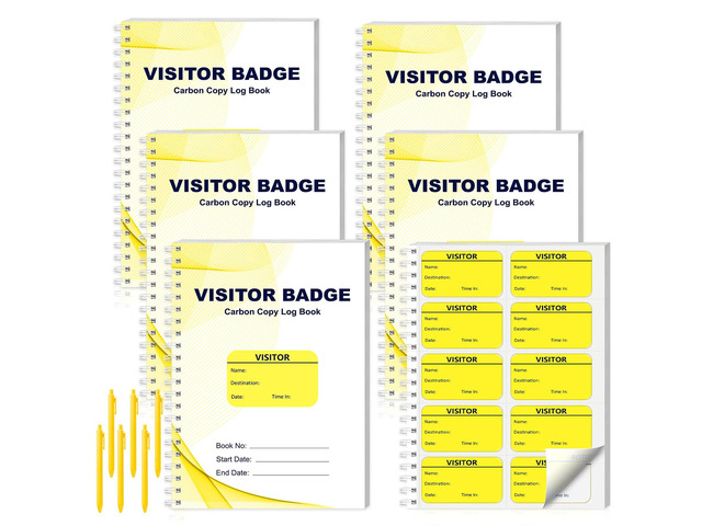 6 Pack of 1800 Visitor Badges Registry Log Letter Size Visitor Log Book Visitor Stickers Spiral-Bound Yellow Visitors Badges Guest Register Book...