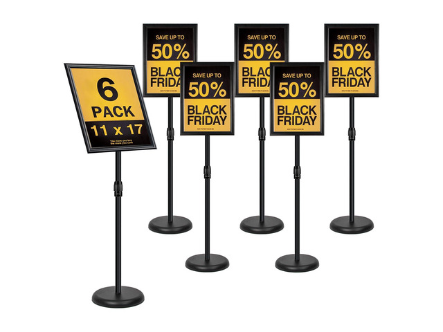 Adjustable Sign Stand for Display, Pedestal Floor Signage Stand Holder with Heavy Duty Base, for Outdoor or Indoor Advertising (11 x 17, Black, 6Pack)
