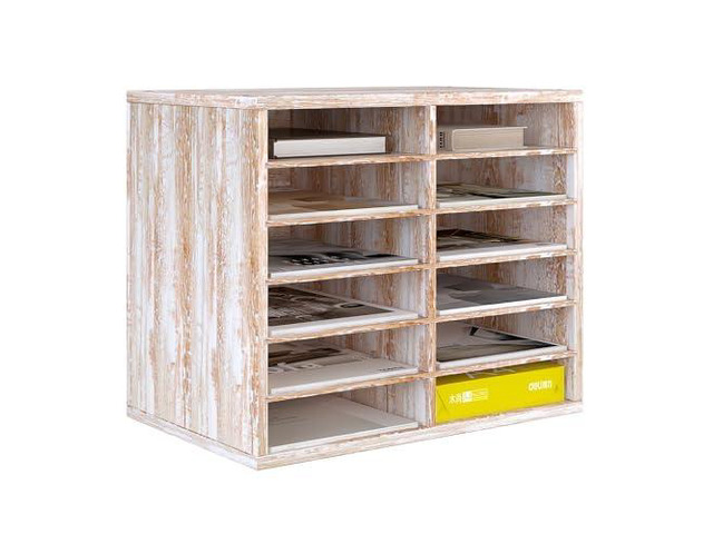 Wood Literature Organizer, 12 Slots, Retro White Holds 6000 Sheets A4 Papers, Adjustable Shelves, Mailbox Cubbies, For Office Home Classroom