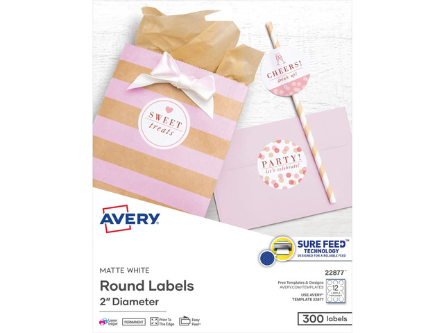 Printable Round Labels with Sure Feed Technology, 2' Diameter, Matte White, Laser & Inkjet Compatible, 300 Blank Labels, Great for Branding,...