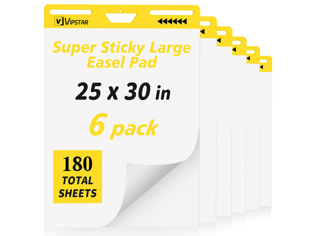 6-Pack Sticky Easel Pad, 25 x 30 Inches, 30 Sheets/Pad, Self-Stick Flip Chart Paper, Anchor Chart, Bleed-Through Resistant, for Teachers, Students,...