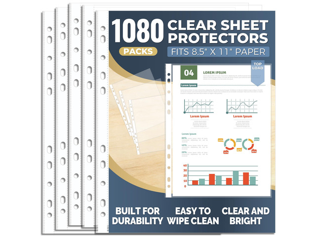 1080 Pack Clear Sheet Protectors 8.5 x 11 Inch, Plastic Page Sleeves for 3 Ring Binder, Transparent Letter-Size Document Covers, Top Loading, for...