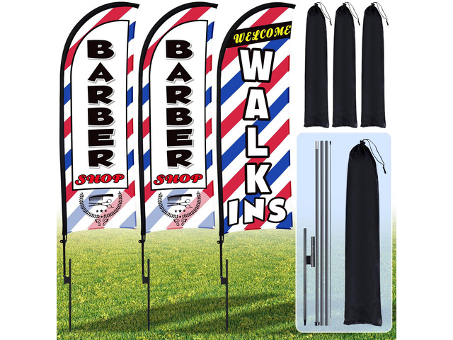 3 Sets 15 Ft Barber Shop Welcome Walk Ins Feather Flag Signs Barbershop Banner Swooper Flag with Flagpole Ground Stake Portable Bag for Salon...