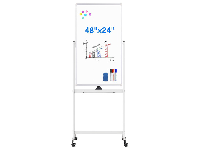 Magnetic White Board on Wheels 48x24 Black Mobile Double-Sided Board Mobile Dry Erase Board on Stand, Rolling Aluminum Frame Reversible Writing...
