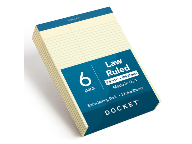 Docket Legal Pads, 6 Pack, Premium Note Pads, 100 Law Ruled 8.5' x 11' Sheets, Canary Yellow Paper with Firm Back, Professional Legal & Office...