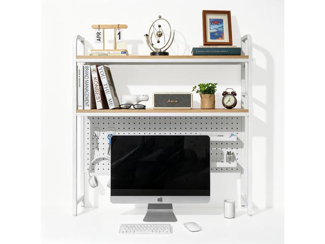 Desktop Shelf, Desk Hutch with Metal Pegboard, White 2-Tier Desktop Display Rack With 4 Accessories, Multipurpose Desktop Bookshelf Storage...