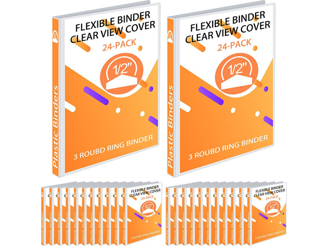 24 Pcs 3 Ring Plastic Binders Bulk with 2 Pockets Flexible Binder with Transparent View Cover Plastic Binder for Home Office(1/2 Inch,White)