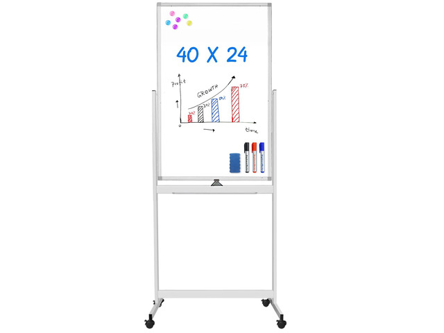 Magnetic White Board on Wheels 40x24 Black Mobile Double-Sided Board Mobile Dry Erase Board on Stand, Rolling Aluminum Frame Reversible Writing...