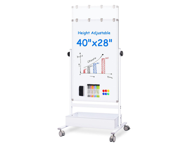 Mobile White Board Easel, 40x28 Inches Magnetic Storage Dry Erase Board Easel for Classroom, Rolling Height Adjustable Stand on Wheels for Home,...