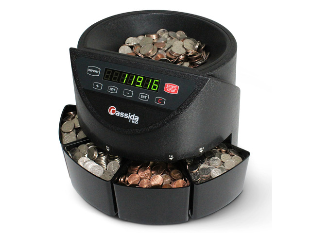 C100 Electronic Coin Sorter/Counter, Countable coins 1Â¢, 5Â¢, 10Â¢, 25Â¢, 250 coins/min, 110 VAC