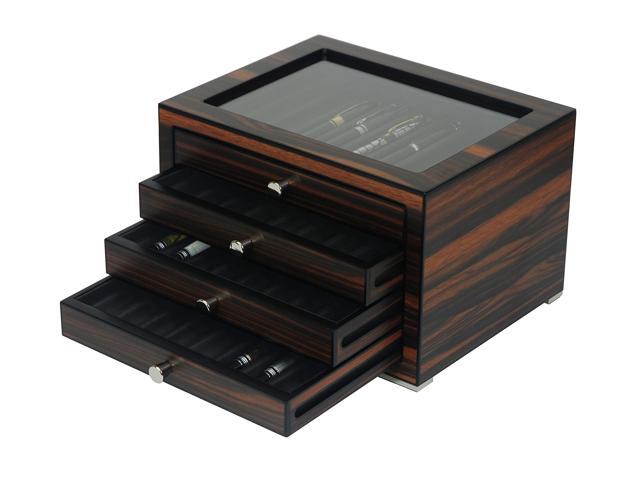 Stackable Wooden Display Case with Drawer Slot Ebony Pen Cabinet, Luxury Fountain Pen Storage Box with Glass Window for Collection (2)