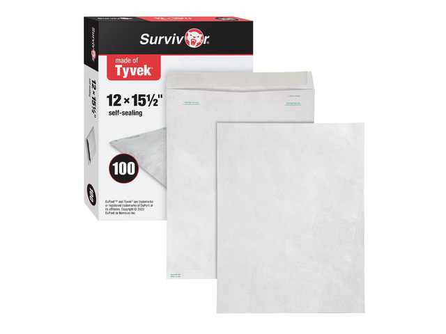 Survivor Tyvek Envelopes, 12' x 15-1/2', Made with Lightweight and Strong DuPont Material, Peel and Seal Closure, White, 100 Per Box (QUAR1790)