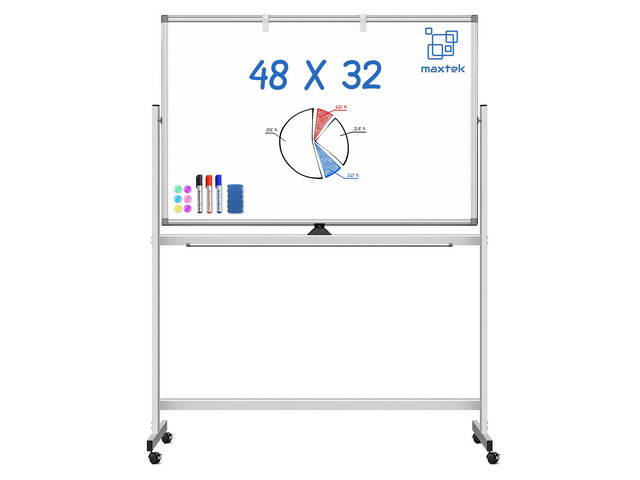 Rolling White Board on Wheels 48x32 in, Double-Sided Magnetic Stand Mobile Dry Erase Board with Stand, Aluminum Frame Easel, Reversible Writing...
