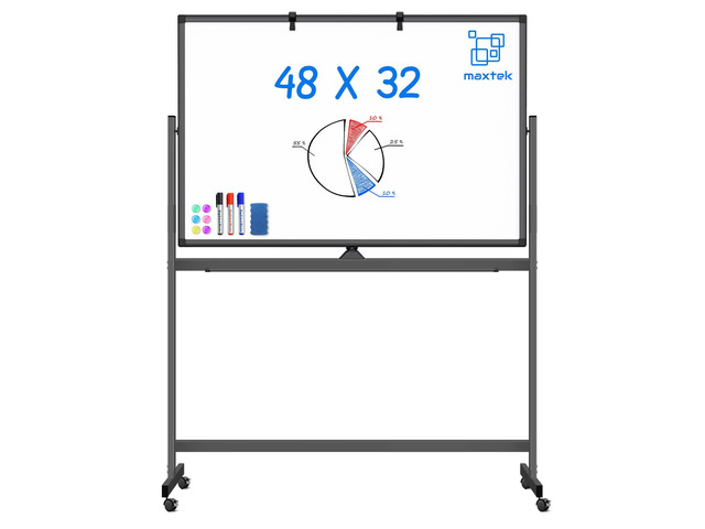 Rolling White Board on Wheels 48x32 in, Double-Sided Magnetic Black Mobile Dry Erase Board with Stand, Aluminum Frame Easel, Reversible Writing...