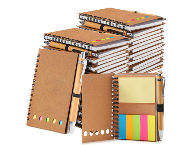 100 Sets Lined Spiral Notebooks with Sticky Notes and Bamboo Pens, Back-to-school Supplies for Office Teacher Staff, Kraft Notebook with Pen Set...