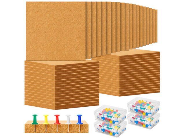 36 Pcs Cork Board Tiles 12 x 12 in 0.5 in Thick Square Bulletin Boards Cork Tiles Bulk with Push Pins Mini Natural Self Adhesive Backing Corkboards...