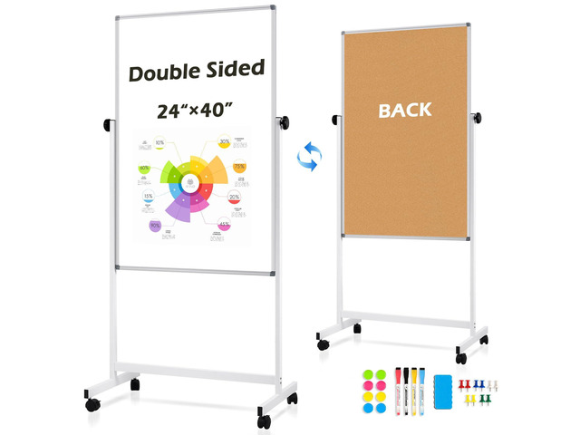 Rolling Whiteboard Cork Board, 40' x 24', Double Sided, Height Adjustable Aluminum Frame, Magnetic Mobile White Board on Wheel with Stand, Dry...