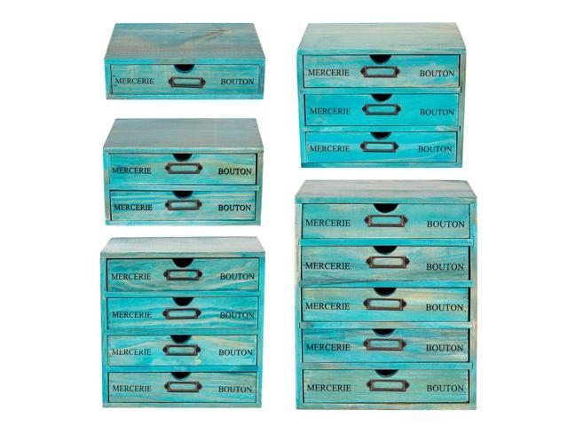 5-piece Full Matching Set Turquoise Wooden Cabinets,European Country Style Desk Organizer Boxes,Multi-level Teal Wooden Stackable...