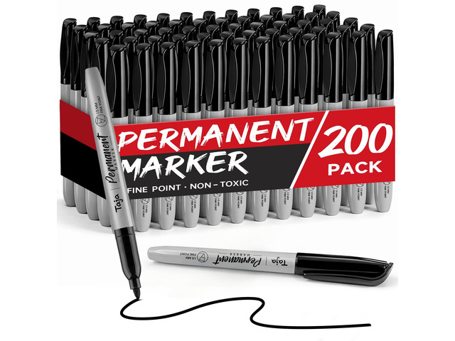 (200 Counts) Permanent Markers, Fine Tip, Black, Quick-Drying and Fade-Resistant Bulk Marker Set for Writing and Sketching on Wood, Plastic, Metal,...