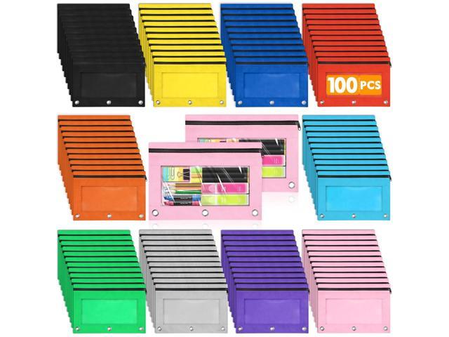 100 PCS Pencil Pouch for 3 Ring Binder, Zipper Pencil Pouches in 10 Colors, 3 Ring Pencil Pouches with Clear Window, Binder Pencil Pouch Bulk for...