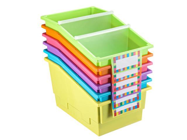 6 Pack Picture Book Organizer Bins with Dividers Large Plastic Book Holders with Labels Multi Purpose Classroom Organization Bins Storage Container.