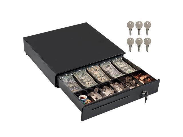Cash Register Drawer for Point of Sale (POS) System with Removable Coin Slots, 5 Bill/6 Coin, 12-24V, RJ11/RJ12 Key-Lock, Media Slot, Black