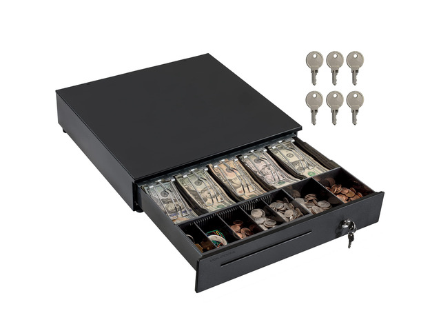 Cash Register Drawer for Point of Sale (POS) System, 5 Bill/7 Coin, 16' with Adjustable Coin Slots, 12-24V, RJ11/RJ12 Key-Lock, Media Slot, Black