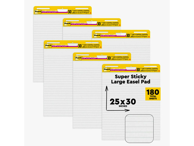 Super Sticky Easel Pad, 25 x 30 in, White Lined, 36 Pack Premium Self Stick Flip Chart Paper, Teacher Anchor Chart, Super Sticking Power