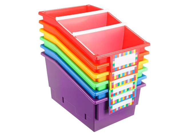 6 Pack Picture Book Organizer Bins with Dividers Large Plastic Book Holders with Labels Multi Purpose Classroom Organization Bins Storage Container...