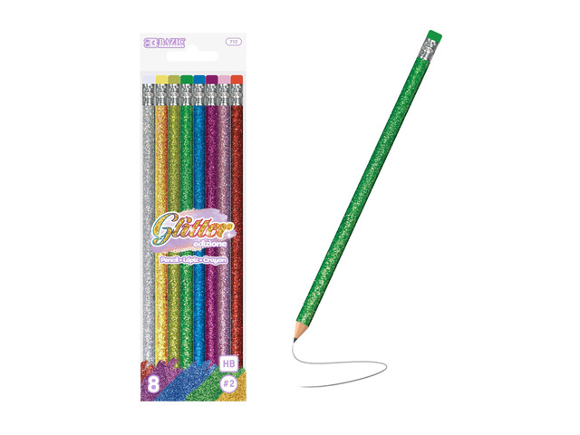Metallic Glitter #2 Pencils, Eraser, 8 Count, 24-Box #2 HB lead, Glitter metallic barrels, eraser tops, school, gifts, party favors, fun everyday...