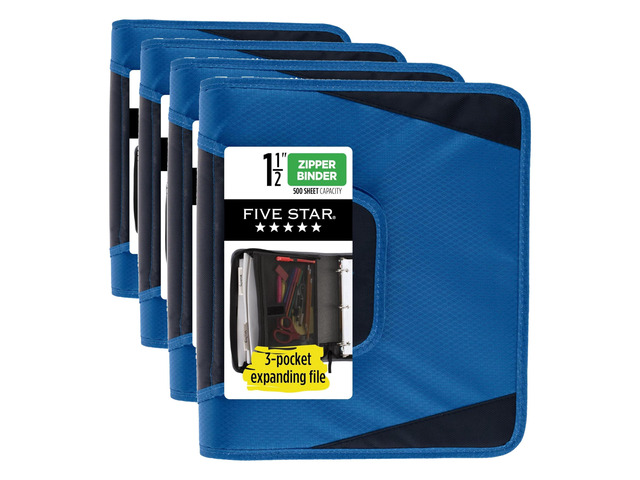 Zipper Binder,1-1/2 Inch 3-Ring Binder with Round Rings,3-Pocket Expanding File,500 Sheet Capacity,Blue (72202),(Pack of 4)