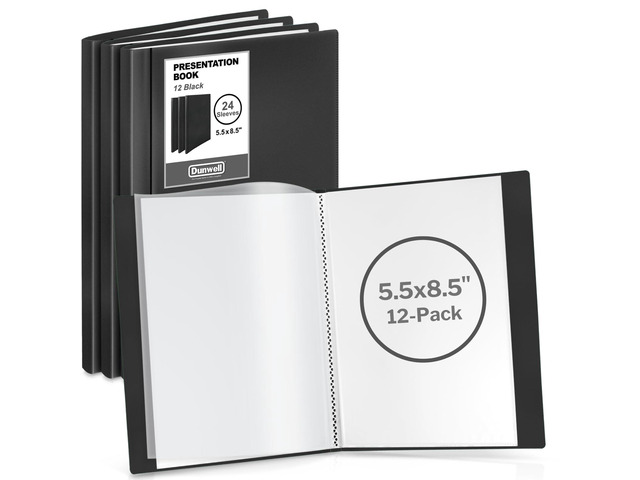 Presentation Book 24-Pocket 5.5x8.5, Sleeves, 12-Pack, Black Acid-Free Poly, Displays 48 Pages, Tear-Resistant Sleeves, Ideal for Documents &...
