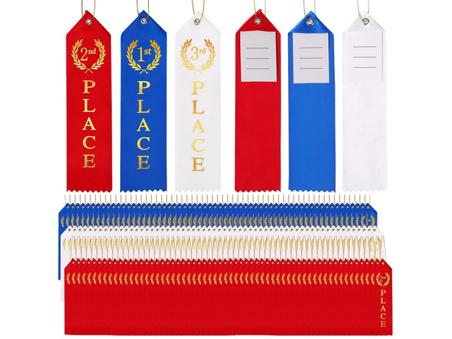 300 PCS Award Ribbons, 1st, 2nd & 3rd Place Prize Ribbons Blue, Red & White Field Day Ribbons with Event Cards & Cords for School Competitions,...