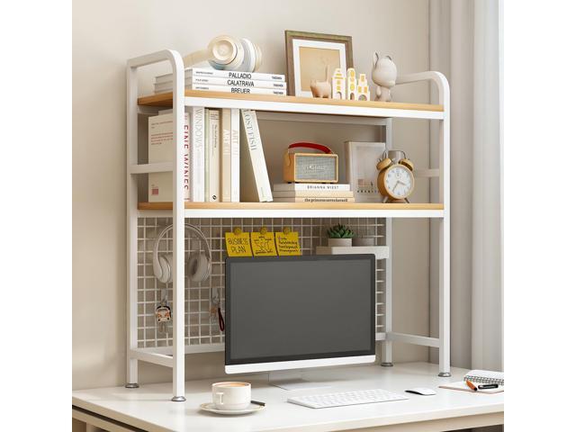 2-Tier Desktop Hutch Bookshelf - Metal Desk Shelf Bookcase with Grid Panel, Countertop Storage Organizer Rack for Dorm or Office, White, 37.4' W