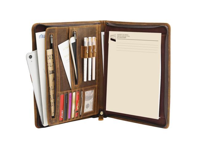 Leather Portfolio Organizer with Zipper for Men Women, Leather Padfolio Business Resume Legal Pad Portfolio Notebook Binder for A4/Pad, Brown