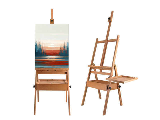 Large Solid Beech Wood Painting Easel with Storage Drawer and Palette (60'~75' H), H-Frame Foldable Wooden Easel Stand with Signature Box for...