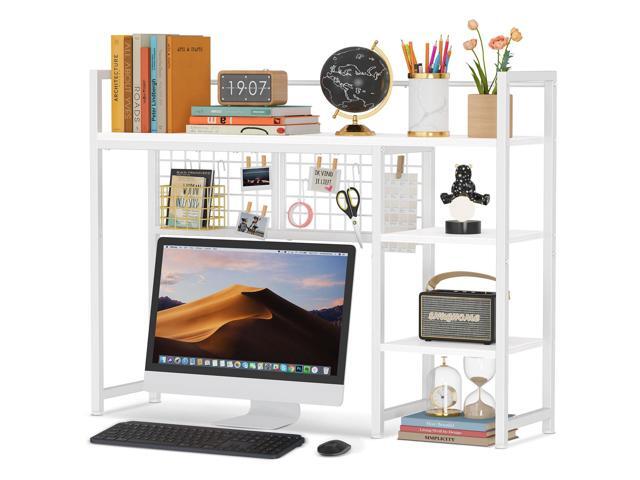 Desk Shelf, 38.6' Desktop Organizer Shelf, Desk Hutch for Computer Monitor, 4 Tier Desktop Display Rack with Pegboard Hooks Set, Wood Desk.