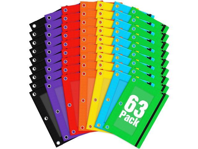 Pencil Pouch for 3 Ring Binder, 63 Pack Bulk Zipper Pencil Cases with Clear Window, 7 Assorted Color Cloth Binder Pouches with 3 Holes, Durable...